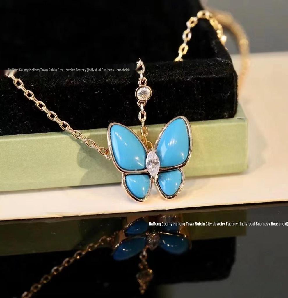 Elegant Butterfly Necklace: Full Diamond White Mother-of-Pearl, 18K Gold Plated, CNC Precision Turquoise Pendant for Women.