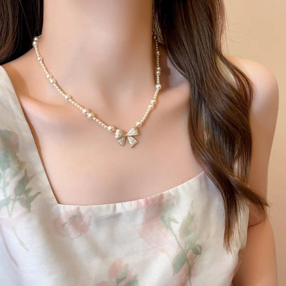 Pearl Bow Necklace Pendant Clavicle Chain Simple Pendant Chain Silver Bowknot Necklace  Wedding
