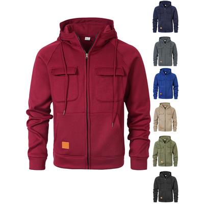 Loose Men's Zipper Hoodie Street Style Casual Loose Fit Mulitpocket Leather Patch Work Autumn Winter American Workwear Jacket