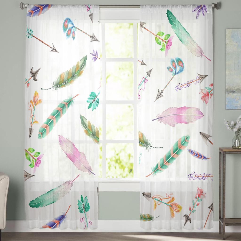 Watercolor Feather Arrow Modern Tulle Curtains For Living Room Bedroom Home Kitchen Window Sheer Curtains