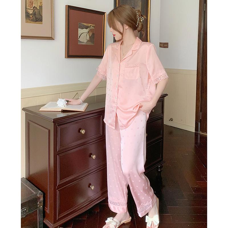 Women Pink Wave Dotted Lace Short Sleeve Pants Two Piece Set Satin Silk Pjs  Lace Polka Dot Gentle Girl's Loungewear