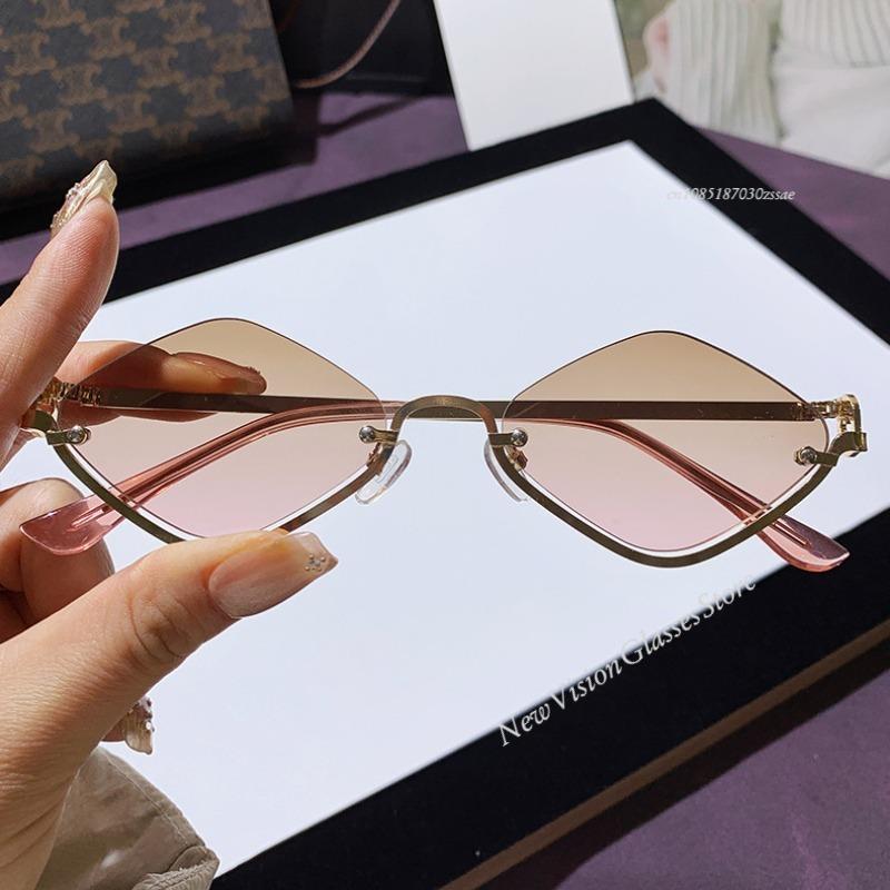 Metal Women Simple Trend Sunglasses Men New Half Frame Diamond Shaped Dopamine Small Frame Outdoor UV Protection