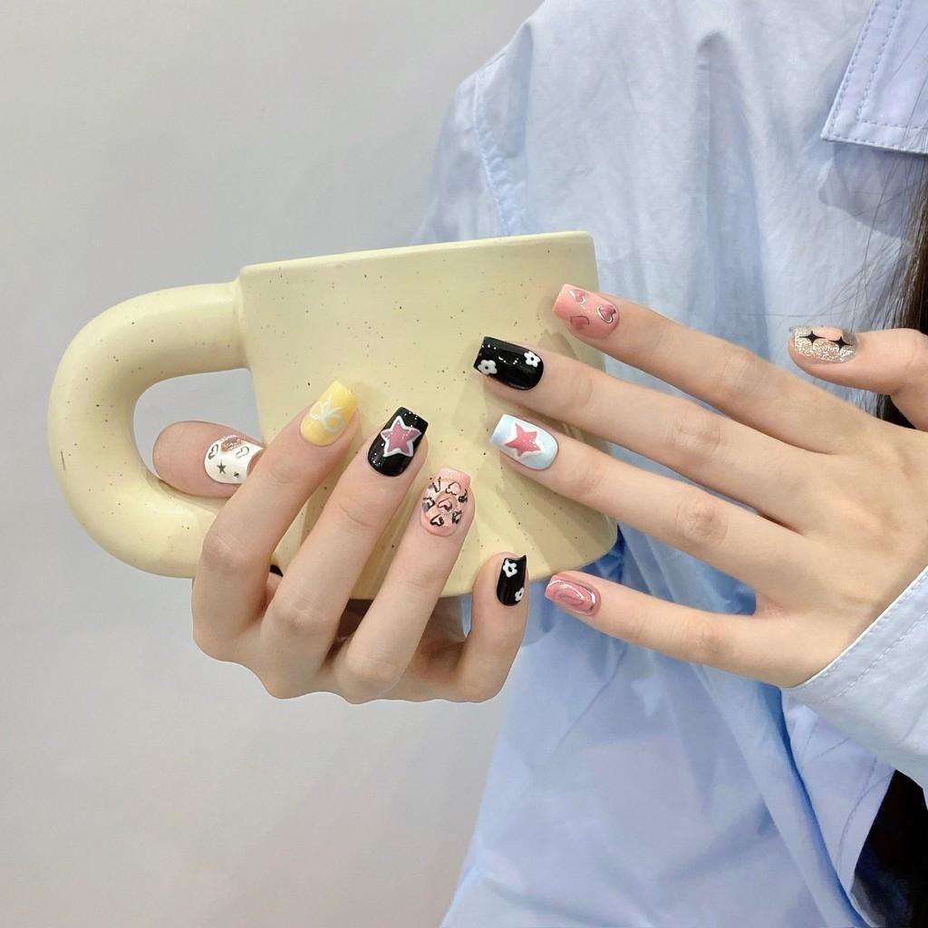 HANDMADE Artificial Nail Hand-painted Rhinestone Stars Summer Sweet Girl Phototherapy Nails Fake Nails Reusable and Removable Nails