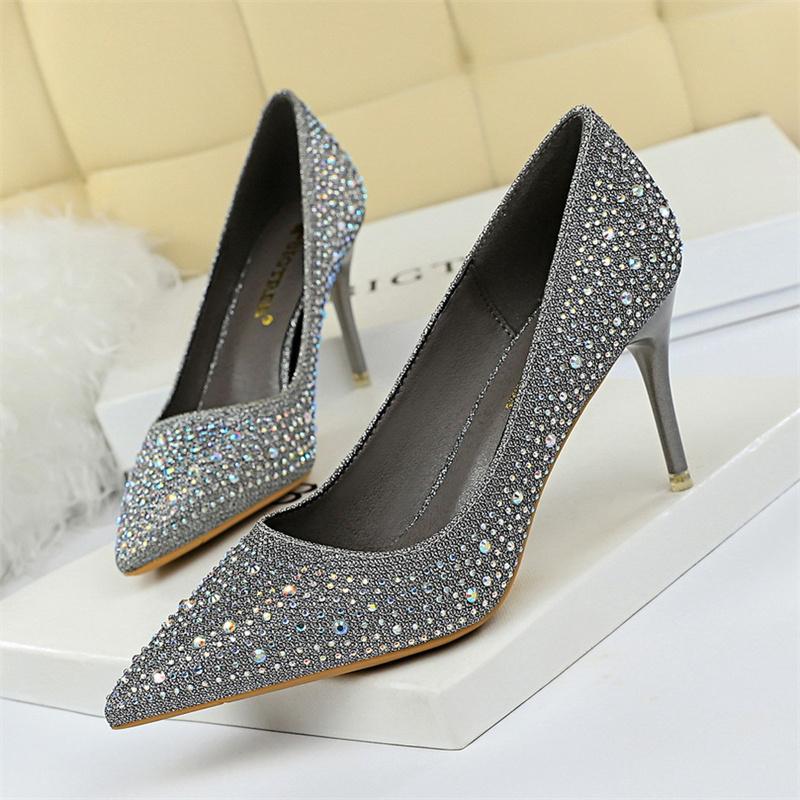 Fashion Shallow Mouth Pointed Color Rhinestone Pumps Fashion Wedding Party Women Sweet Pump Stiletto Thin High Heel Single Shoes
