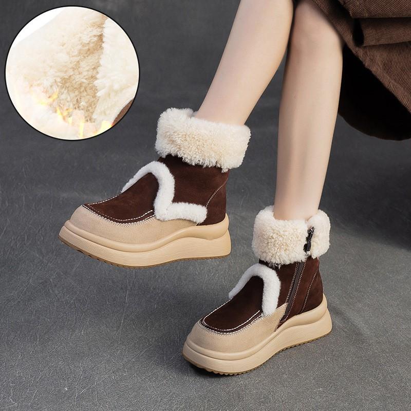 Johnature Warm Genuine Leather Snow Boots With Thick Bottom And Inner Wool Women's Short Boots