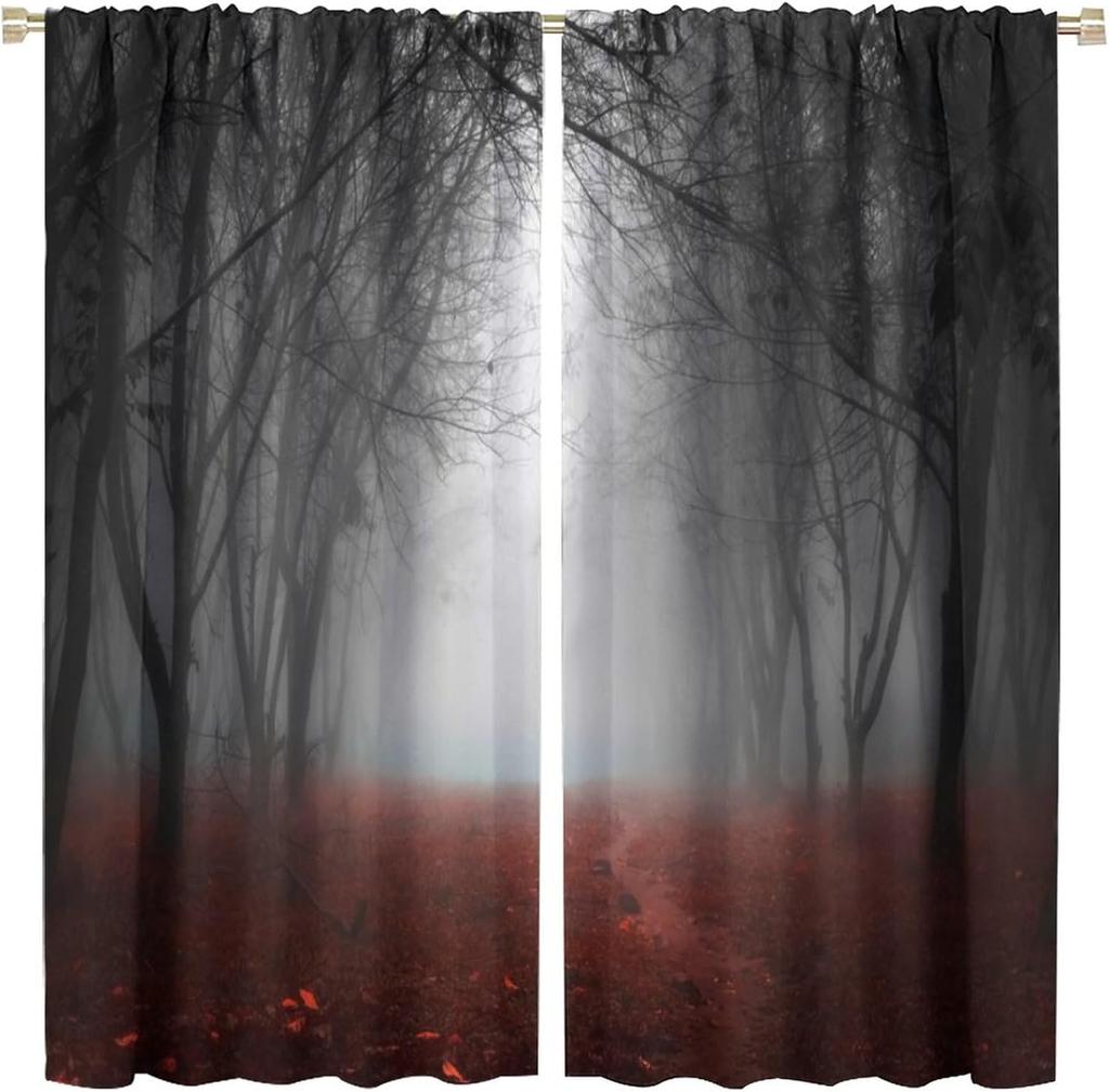 Gothic Dark Misty Forest Curtains Mysterious Horror Foggy Dim Dead Jungle Under Strange Bright Moon Thermal Insulation Blackout Made Of Polyester