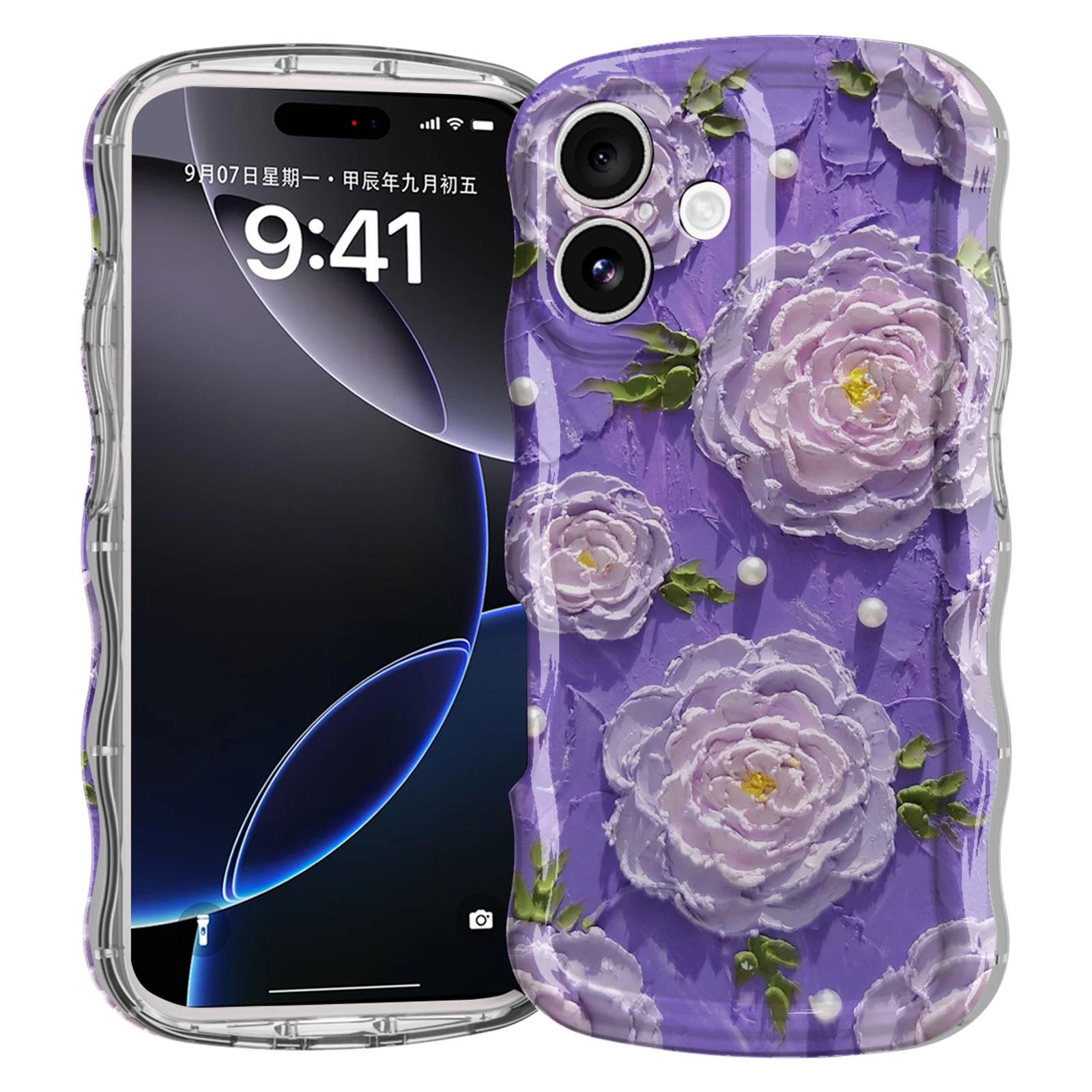 

For iPhone 16 Case Curly Wave Frame Floral IMD TPU Phone Cover GWL10222