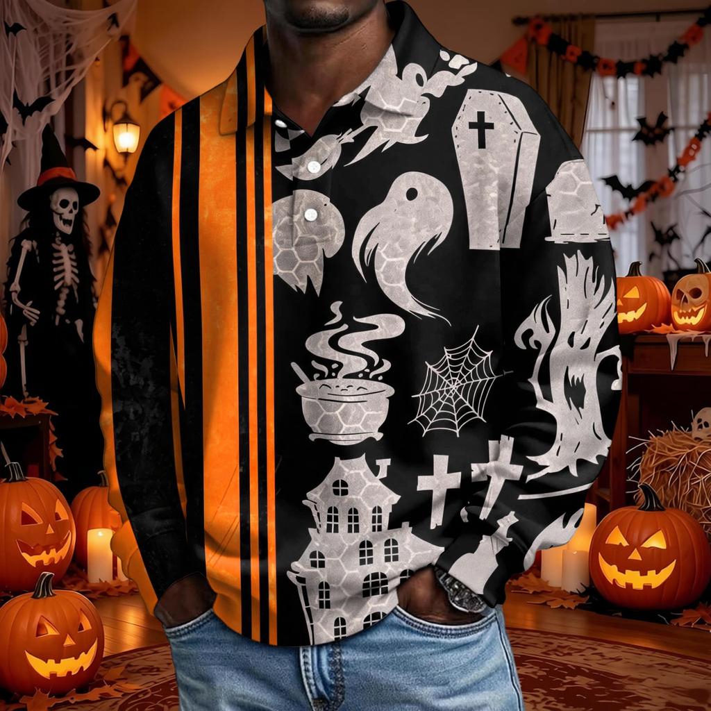 Men's Long Sleeve Loose Fit Casual T-Shirt for Halloween Party or Everyday Wear