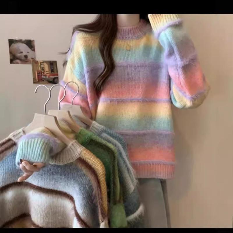 Autumn and winter new fashion gradual change color colorful fringed loose version thin versatile sweater knitted sweater top women