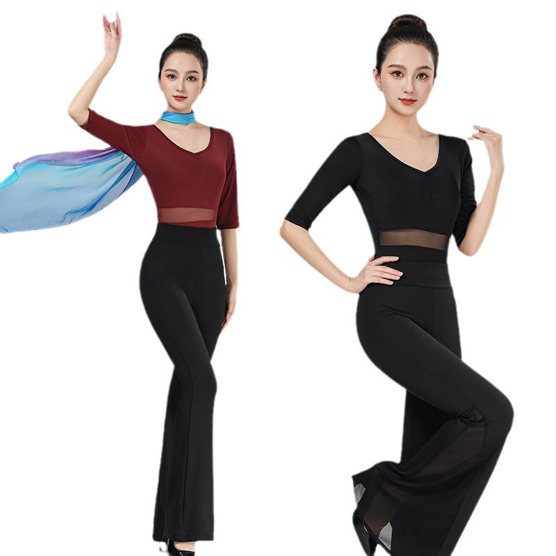 Women's V-Neck Short Sleeve Dance Outfit with Black Flared Pants