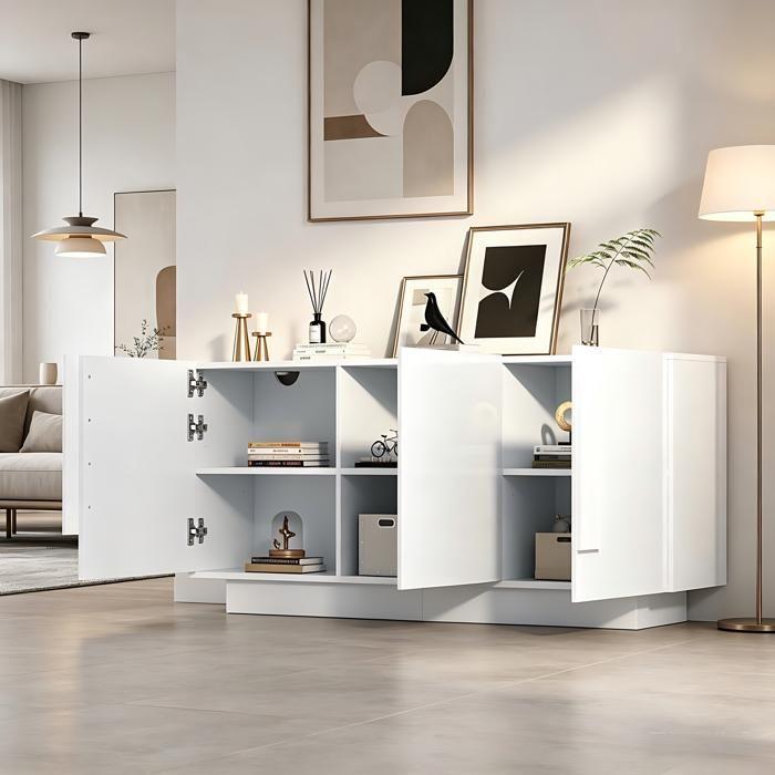 Glänzendes weißes Wohnzimmer-Buffet 160 x 35 x 60 cm 3 Türen 6 Fächer verstellbare Regale großer Stauraum moderne schicke Kommode Deko!