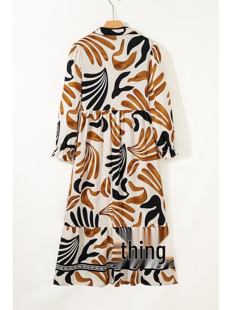 2025 Winter Plus Size Abstract Print Long Sleeve Dress - European & American Fashion