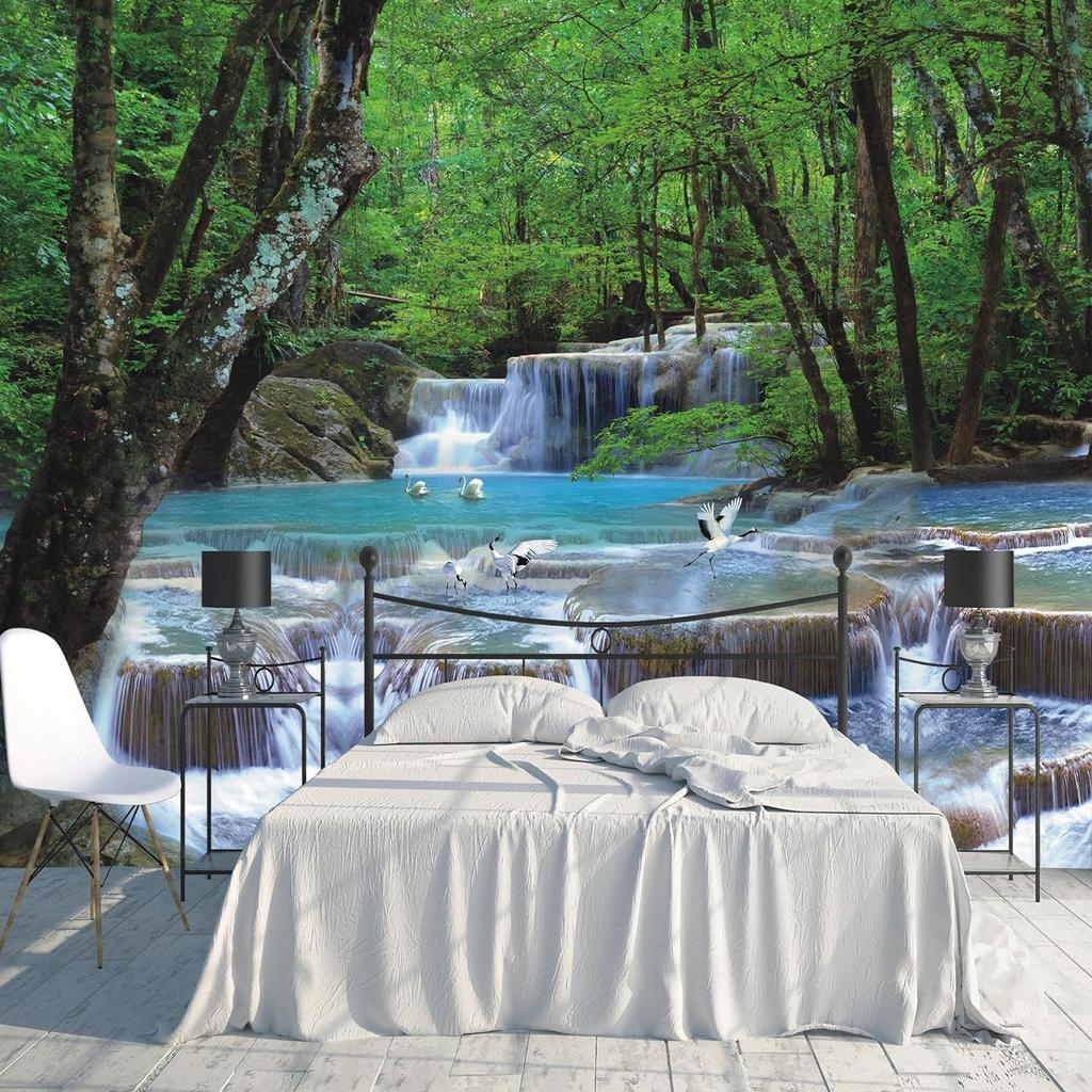 Waterfalls Wall Mural Forest Green Plant Wallpaper Natural Landscape Mural For Bedroom Living Room Wall Murals