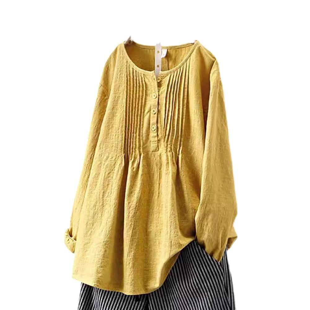 Kvinner Høst Uformell Langermet O-hals Løs Bluse Vintage Harajuku Solid skjorte i bomull og lin Oversized topper