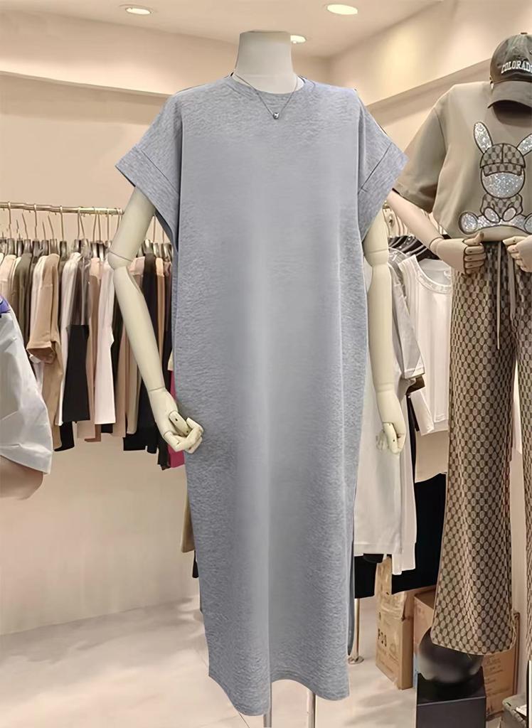 Women's Cotton T-shirt Dress O Neck Short Sleeve Solid Color Loose Midi Casual Dress