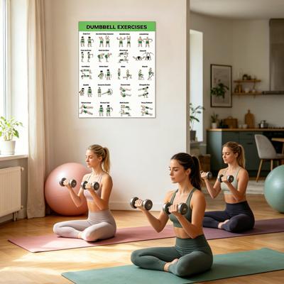 3Pcs Home Workout Poster Set with Dumbbell Bodyweight Barbell Exercises Full Body Strength Training