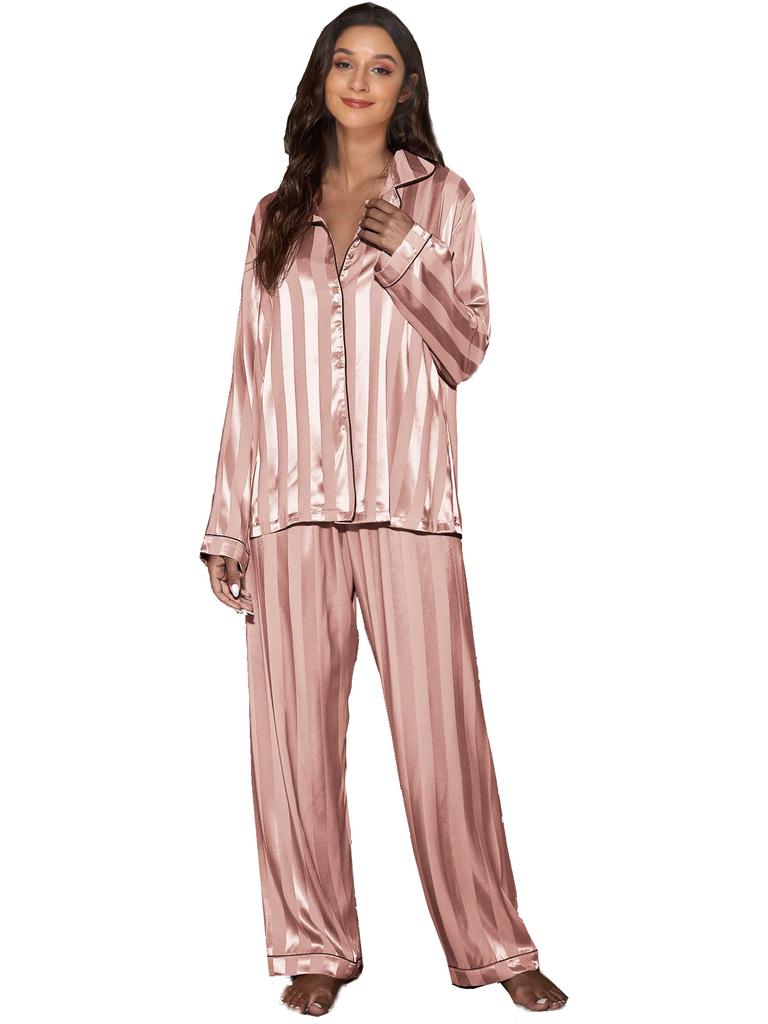 European and American Style Women's Stripeed Loungewear 2 Piece Long Sleeve Long Pants Pajamas Set Comfortable Satin Homewear