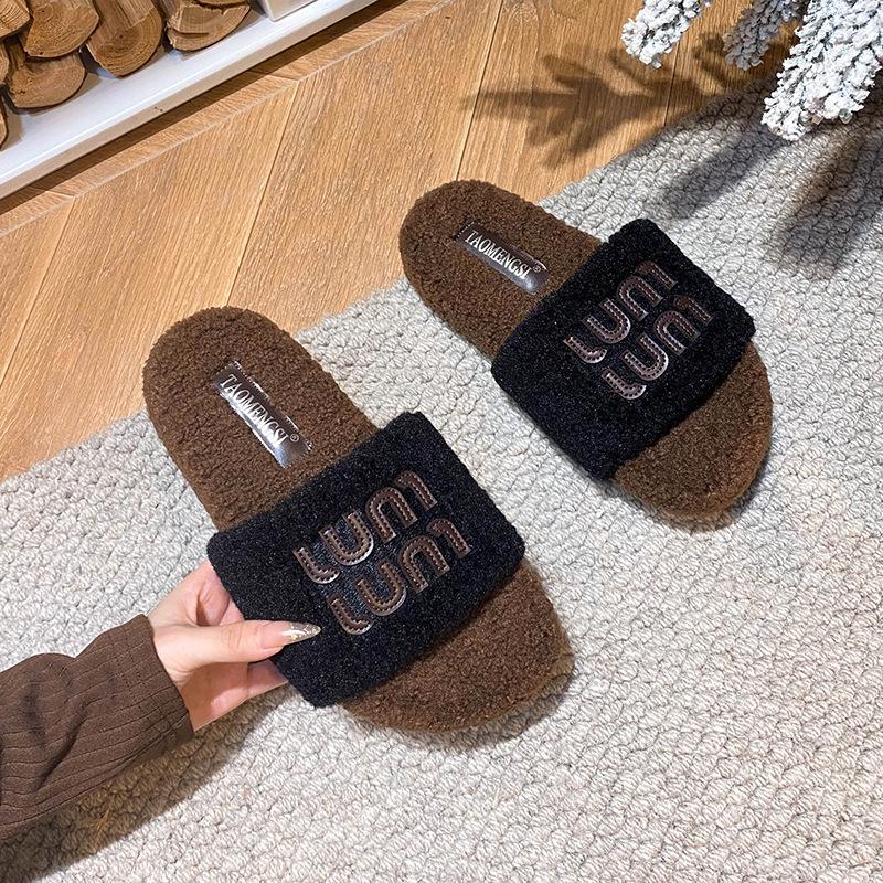 TX-5 Модные женские меховые флисовые тапочки на одной лямке - Осенне-зимний стиль 37 чёрный 2250₽