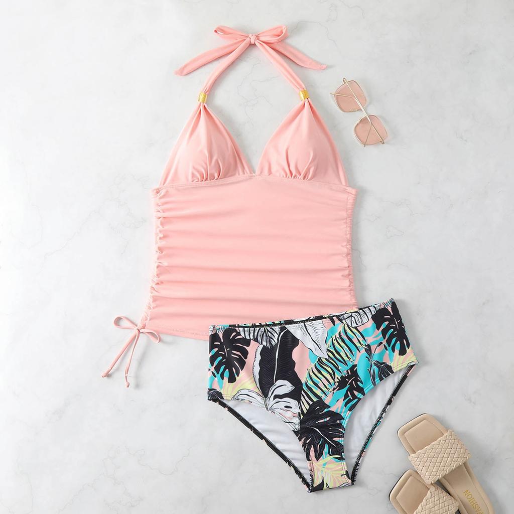 Damen Badeanzug mit bedruckten Trägern, Schlitz, Neckholder, plissiert, sexy, tief ausgeschnitten, Push-up, einfarbig, Bademode für Strand und Pool, Bikini 2024 Trend