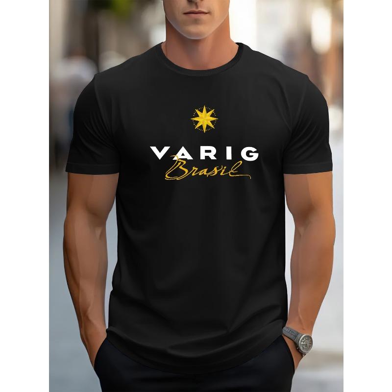 

Men S Casual Summer T-Shirt - Soft, Breathable Round Neck Tee with VARIG Brasil Print, Regular Fit for Casual Attire, Breathable Clothing 4XL чорний