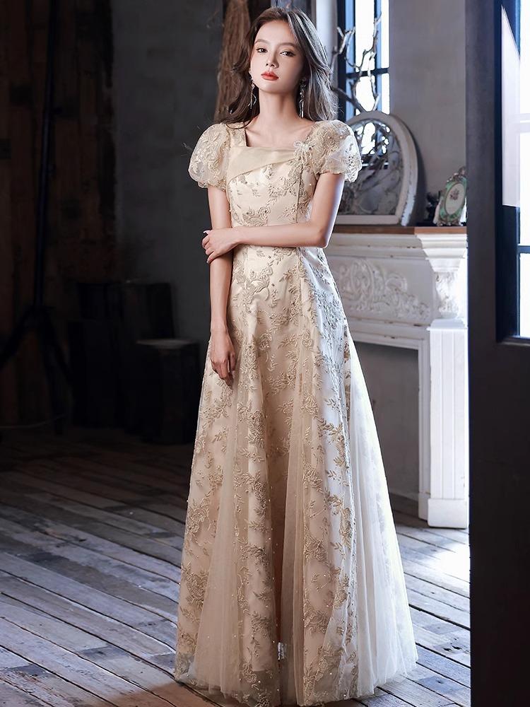 Banquet Evening Dress Women's 1011 New High-end Champagne Adult Dress Skirt Niche Host Art Test Performance