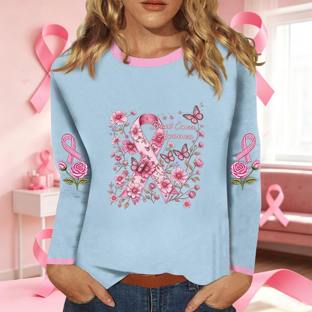 Women's Fashion Casual Long Sleeve Neck Top with Ribbon Print