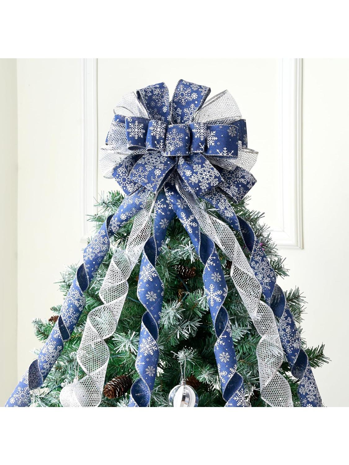 

JOYFY 45 Inch Christmas Tree Topper Bow Blue Silver Ribbon Ornaments with Snowflakes Glitter for Xmas Holiday Themed Decoration