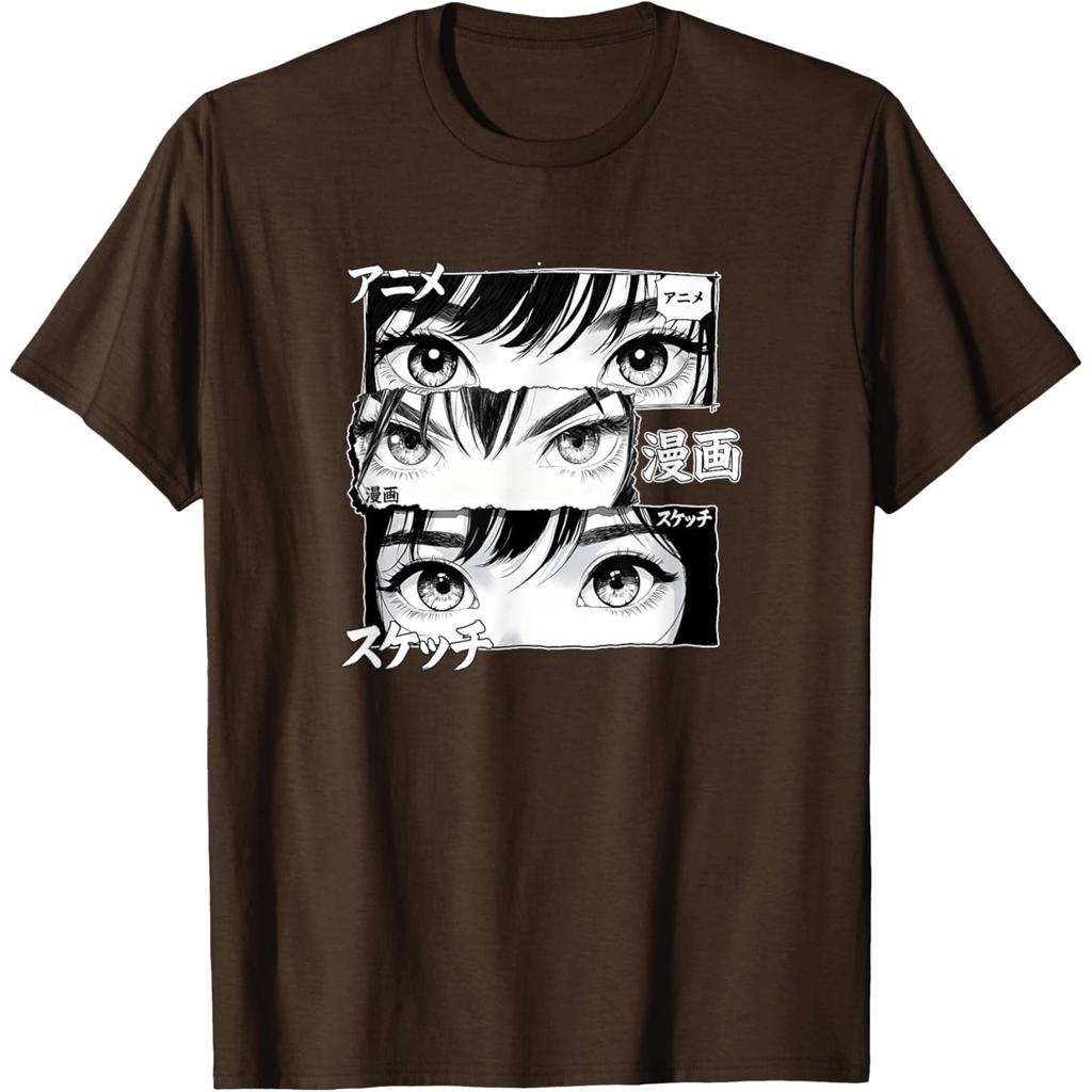 Manga Girl Eyes Panel Art Tshirt Graphic Tee Cool Japanese Text Print Casual Crew Neck Top