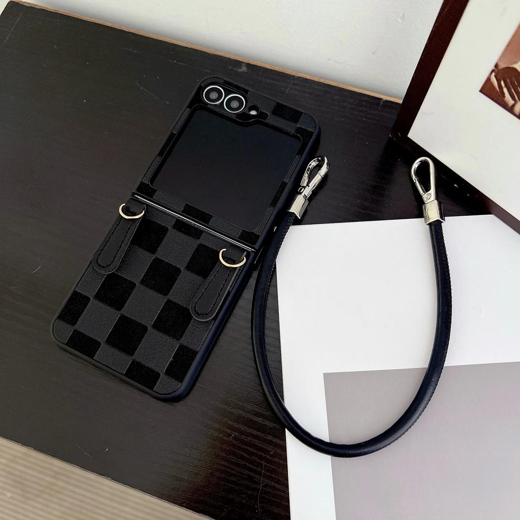 Kostkovaný PU kožený řemínek na zápěstí Pouzdro na telefon pro Samsung Galaxy Z Flip 6 5 4 3 5G Ochrana Nárazuvzdorný kryt
