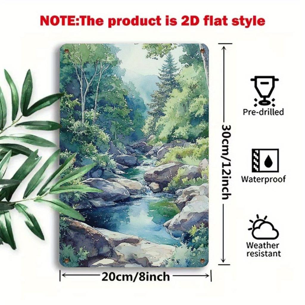 2D Flat, 1pc Rustic River Tin Painting - Waterproof & Rustproof Metal Wall Art - 8x12 Inch (20x30cm) Vintage Landscape Decor - I