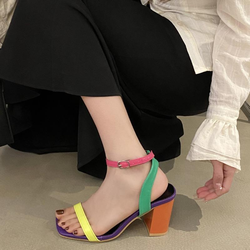 Fashion Multicolor Block Heel Sandals Women's Fashion Square Toe Open Toe Slim Strap One Buckle Non-Slip Wear-Resistant High Heels