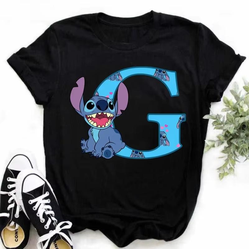 T-shirt pour femme Alphabet A-Z Kawaii Dessin Animé Imprimé Manches Courtes T-shirt Femme Disney Été Décontracté Vêtements Dessin Animé T-shirt