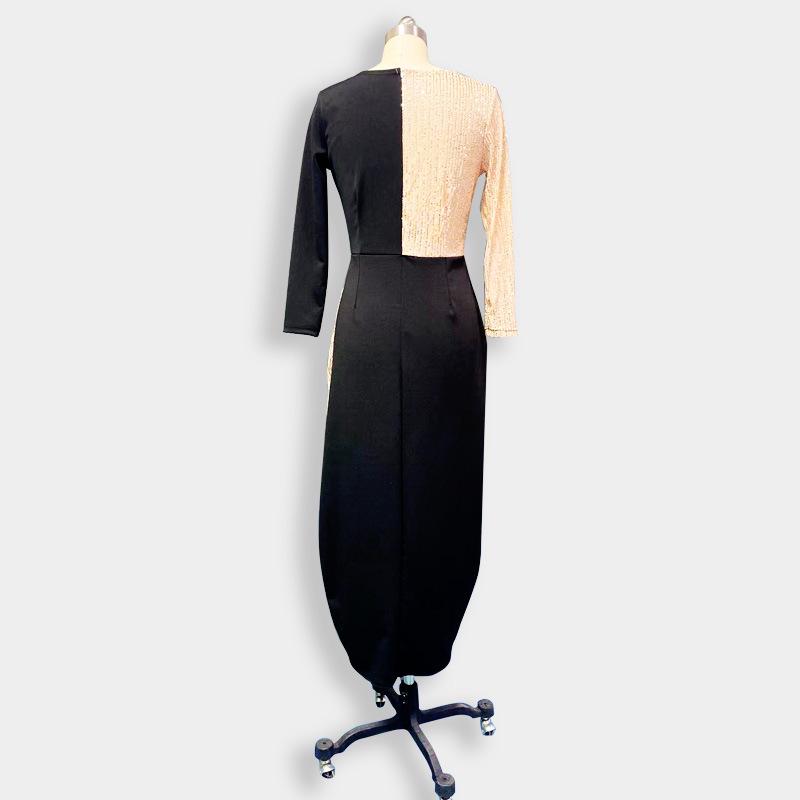 2025 Black and Gold Ethnic High-Waist Mid-Length Dress with Long Sleeves