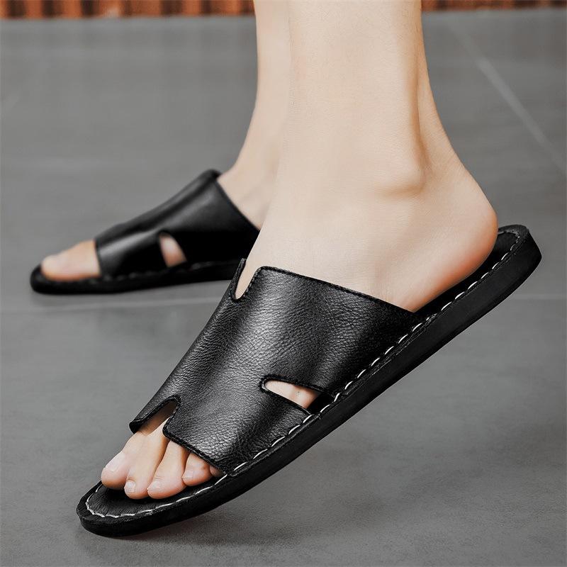 Men's summer outer wear leather slippers casual soft bottom non-slip breathable high-end slippers outdoor cool slippers
