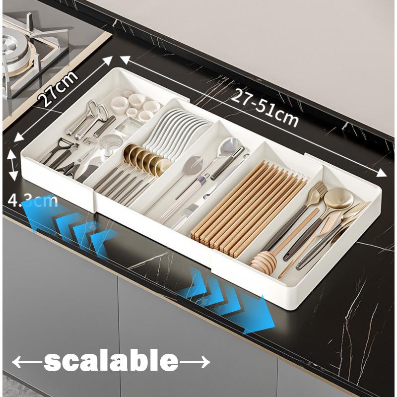 1pc Kitchen Drawer Retractable Storage Box Large-capacity Partitioning Storage Tray Home Tableware Knife Spoon Organizing Box