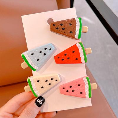 5 adet Yeni Yaz Çocuklar için Sahte Kahkül Klipsi; Meyve Çizgi Film Karpuz; Küçük Saç Tokası Başlık