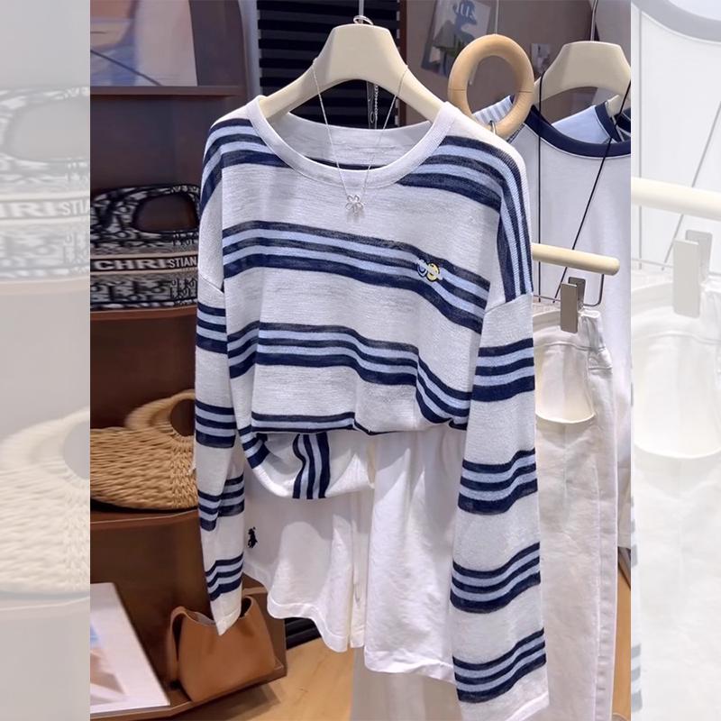 

Женский полосатый кардиган-топ с цветными блоками из ледяного шелка для защиты от солнца One Size белый