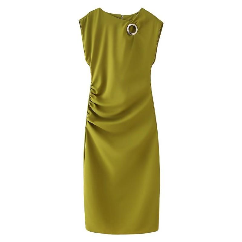 European American Women s Clothing Summer Fashionable Metal-decorated Pleated Sleeveless Dress S