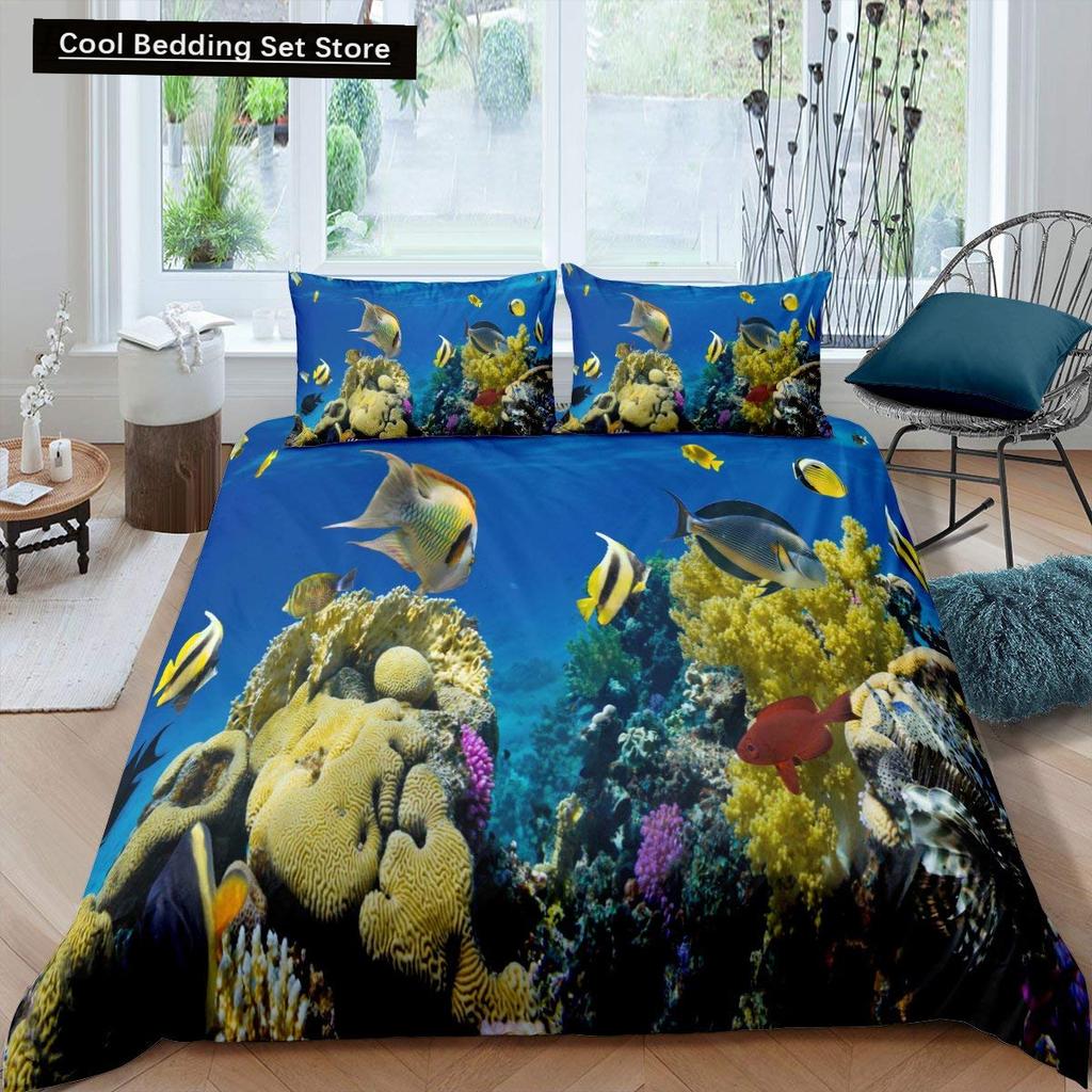 Kid Underwater World Oasis King Queen Duvet Cover Ocean Fish Coral Bedding Set Marine Life Quilt Cover Polyester Comforter Cover