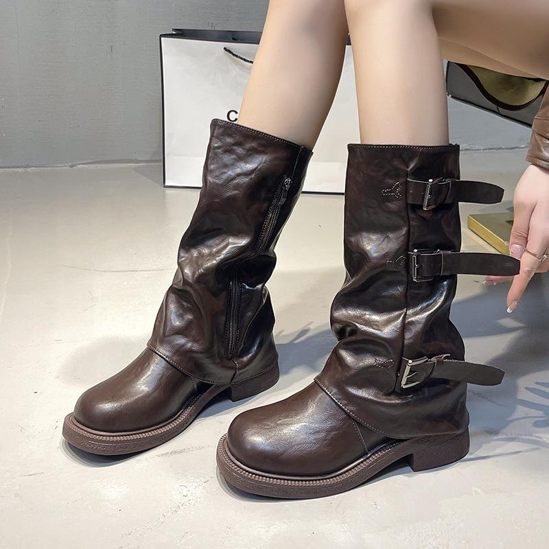 Niche retro kozačky na silném podpatku střední výšky westernové kovbojské kozačky kozačky na sloupku rytířské kozačky raný podzim martinky francouzské dámské kozačky