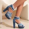 Open Toe Denim Women's Sandals Ankle Strap Stiletto Peep Toe Cutout Zipper High Heels Sandals Casual Daily Shoes Plus Size 43