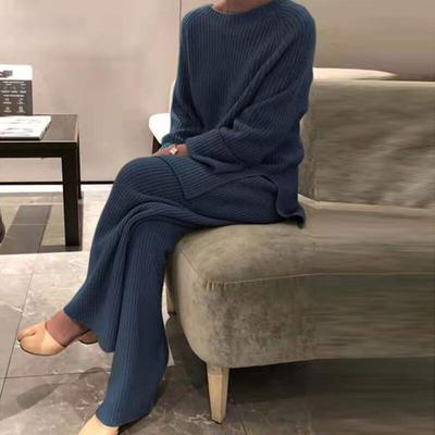 Manteau tricoté pour femme, automne hiver, pull à col rond, ensemble 2 pièces, solide, mode dames, pull, hauts larges, pantalon, costume de jambe pour la maison