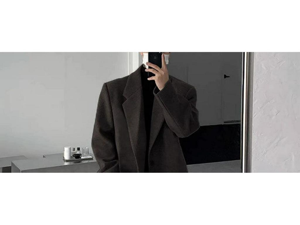 Men's Black Mid-Length Woolen Trench Coat – Autumn/Winter Loose Fit, Thickened Korean Style.