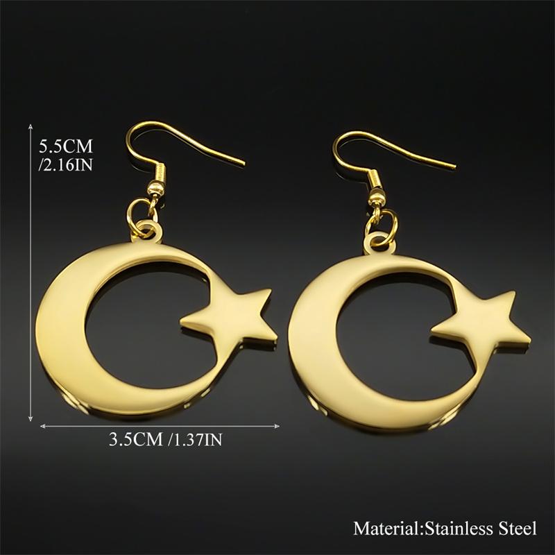 Muslim Islam Moon Star Stainless Steel Hoop Earrings for Women Gold Color Dangle Earrings Amulet Jewelry Party Gift 7615