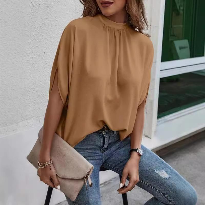 Womens Solid Green Mock Neck Blouse Casual Split Batwing Sleeve Loose Top