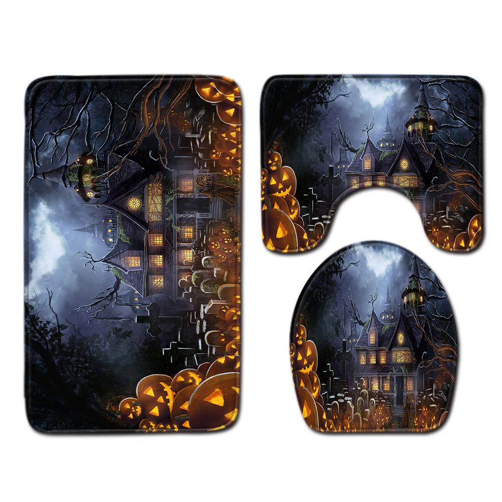 Halloween Shower Curtain Floor Mat Combination Four-Piece Set Bathroom Toilet Carpet Shower Room Foot Mat