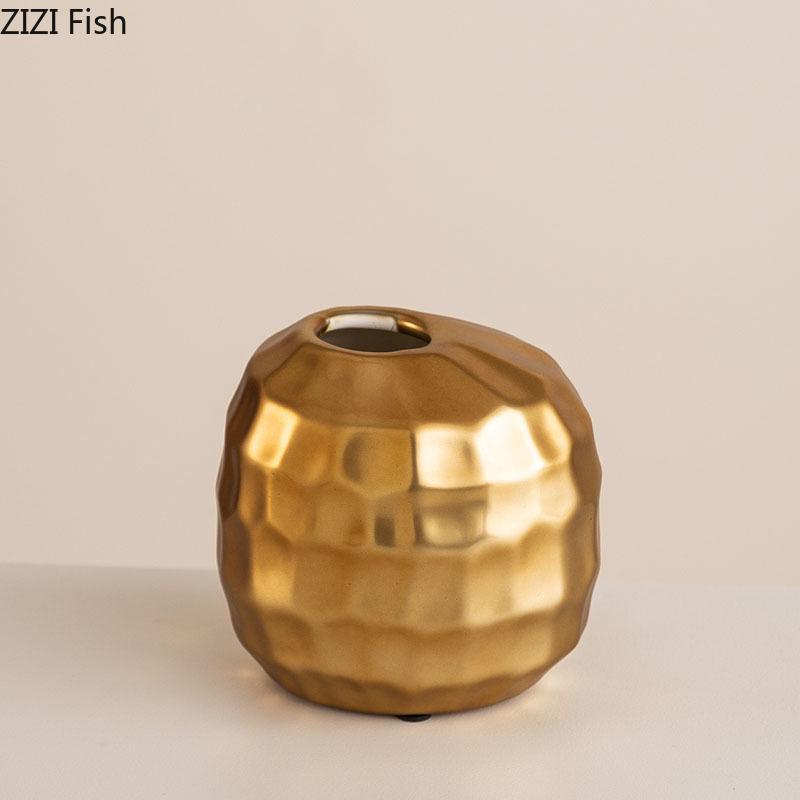 Honeycomb Texture Ceramic Vase Golden Round Plant Pots Table Decoration Flowers Arrangement Flower Vase Room Aesthetic Decor
