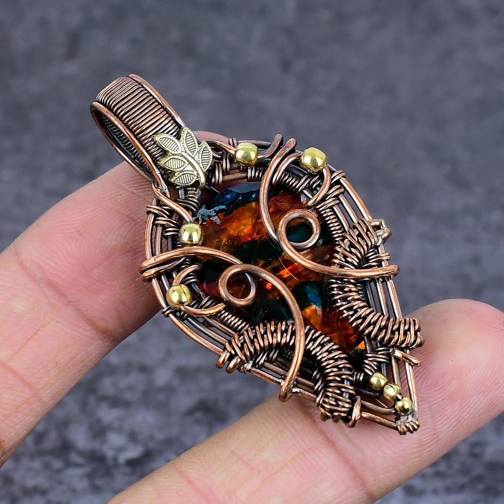 Ammolite Handmade Copper Wire Wrap Jewelry Pendant 2.36" E5B80