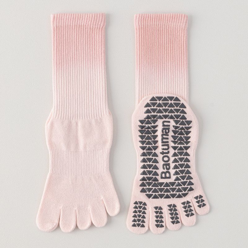 

Женские профессиональные носки для йоги с пятью пальцами, для фитнеса в помещении, пилатеса, силиконовые, нескользящие, с раздельным пальцем, гольфы, хлопок, градиент цвета Pink White English dispensing(34-38 yards)