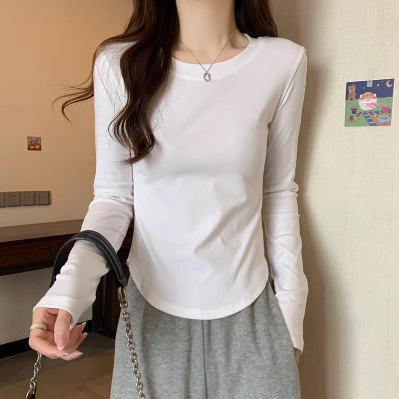 

Pure Round Neck Long-sleeved T-shirt In Spring and Autumn New Design Curved Hem Solid Color Slim Short Top XXL